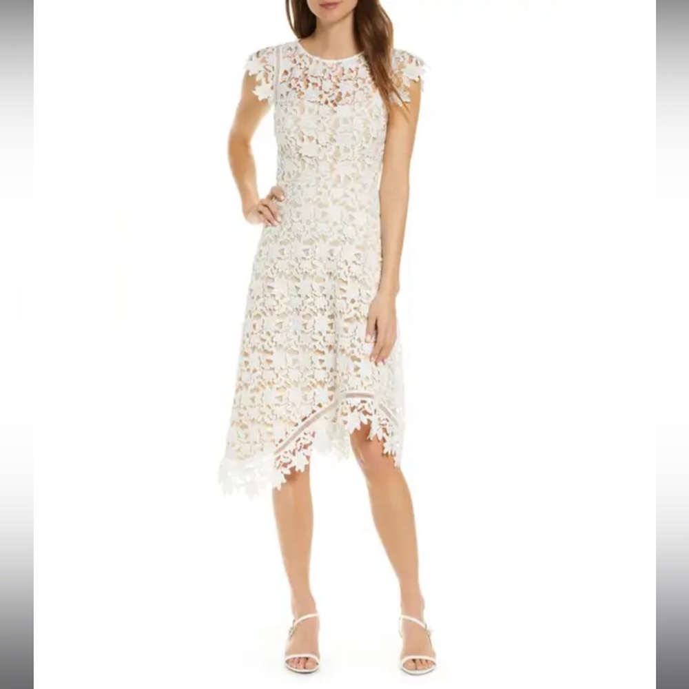 Eliza J Asymmetrical Lace Fit & Flare Dress